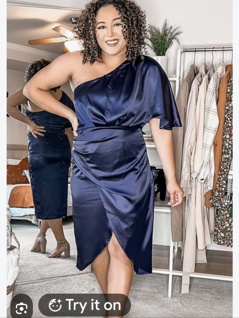 Navy One-Shoulder Satin Midi Dress No Tags